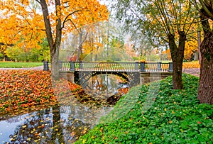 Bridge in Catherine park in autumn foliage, Pushkin Tsarskoe Selo, Saint Petersburg, Russia