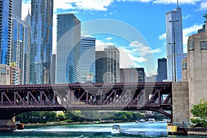 Bridge and city buildings, Chicago river