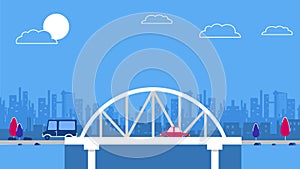 A bridge on the city sky scrapers background. Red retro style cars. Vector. Blue and red color scheme