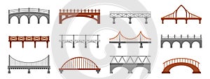 Bridge collection. Railway span iron wooden metal concrete stone footbridge, city industrial architectural construction