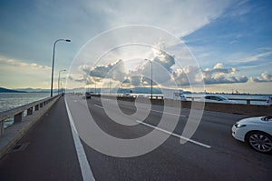 Bridge connecting George Town on Penang island and Seberang Prai on mainland of Malaysia through straits of Malacca