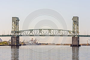 Cape Fear Memorial Bridge in Wilmington, North Carolina at sunset time,