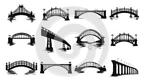Bridge constrauction silhouette set. Front view. Engineering built structure steel architecture footpath highway road on