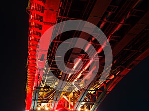 Bridge construction. Bottom view. Night shooting