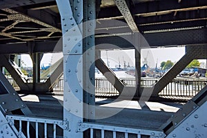 Bridge construction riveted steel frame Close up