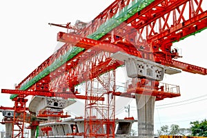 Bridge construction, segmental bridge box girders ready for construction, segments of long span bridge box girder , Thailand, Bang