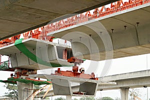 Bridge construction, segmental bridge box girders ready for construction, segments of long span bridge box girder , Thailand, Bang