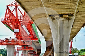 Bridge construction, segmental bridge box girders ready for construction, segments of long span bridge box girder , Thailand, Bang