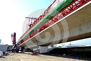 Bridge construction, segmental bridge box girders ready for construction, segments of long span bridge box girder , Thailand, Bang