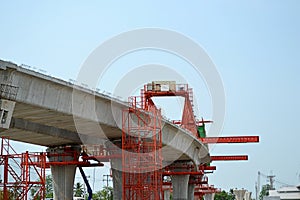 Bridge construction, segmental bridge box girders ready for construction, segments of long span bridge box girder , Thailand, Bang