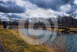 A bridge that crosses a pond in a local park in Chardon, Ohio