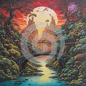 a bridge is crossing over a river surrounded by trees, and the setting sun is
