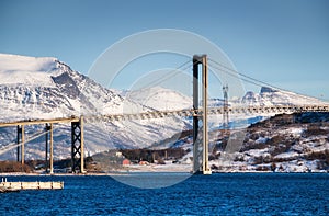 Bridge at the day time. Road and trasport. Natural landscape in the Lofoten islands, Norway.