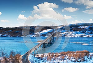 Bridge at the day time. Road and trasport. Natural landscape in the Lofoten islands, Norway.