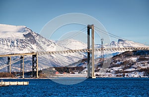 Bridge at the day time. Road and trasport. Natural landscape in the Lofoten islands, Norway. photo
