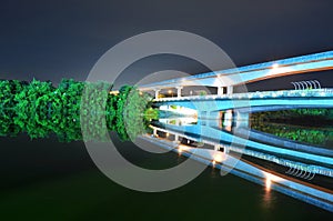 Bridge with elevated train railway by the river