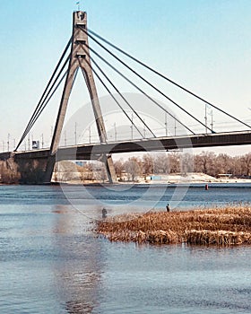 A bridge and fishermen in Obolon, Kyiv - UKRAINE