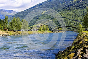 Bridge and fjord in beautiful FlÃ¥m in Aurlandsfjord Sognefjord Norway
