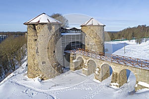Bridge and Gate towers of the ancient Koporye fortress (aerial view). Leningrad region