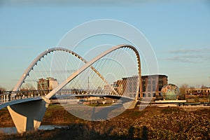 Bridge and globe at sunset in Salem, Oregon