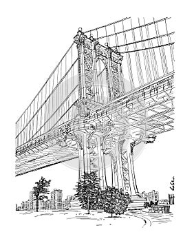 Bridge hand drawn sketch. New York city, Line illustration