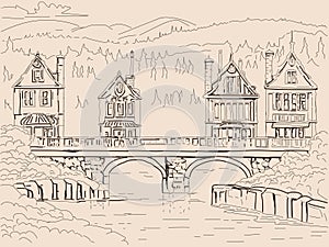 Old houses on a bridge over a river. Hand-drawn vector illustration.