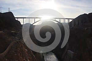 Bridge at the Hoover Dam at sunset over Colorado Lake