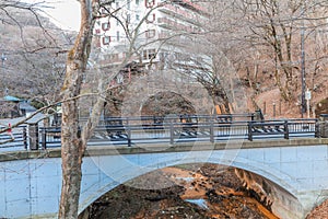 A bridge in Ikaho Onsen on autumn is a hot spring town located o