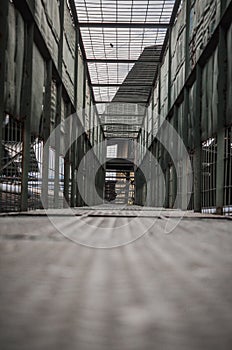 a bridge inside an abandoned factory