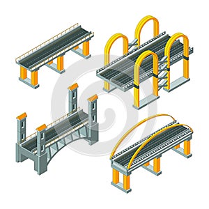 Bridge isometric. City expressway roadway cabling urban auto infrastructure viaduct 3d vector low poly collection