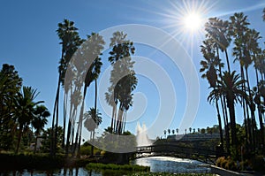 Bridge landscape under the rays of the rising sun on a blue sky