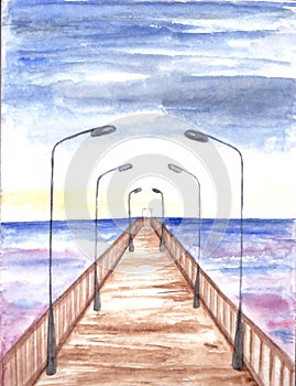 Bridge with lanterns. Watercolor painting. Sea landscape. Hand drawn Illustration of sunset. Abstract postcard or poster.