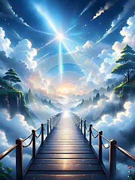 A bridge that leads to heaven Amidst, behind is the light of the heavenly realm.