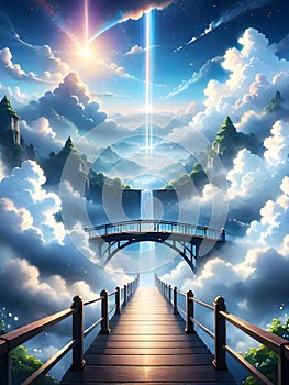 A bridge that leads to heaven Amidst, behind is the light of the heavenly realm.