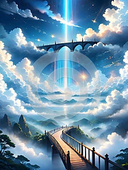 A bridge that leads to heaven Amidst, behind is the light of the heavenly realm.