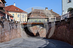 The Bridge of Lies Podul Minciunilor near the Small Square Piata Mica in the historical center of the Sibiu city in