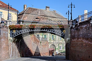 The Bridge of Lies Podul Minciunilor near the Small Square Piata Mica in the historical center of the Sibiu city in