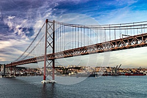 Bridge in Lisbon during sunset, Portugal skyline and cityscape on the Tagus River