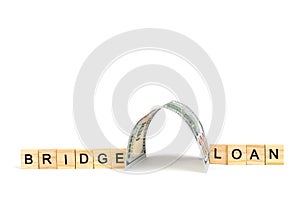 Bridge loans- word composed fromwooden blocks letters on White background, copy space for ad text. photo