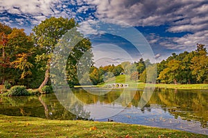 The bridge and lost Oak of Painshill Park in Cobham Surrey