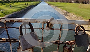 Bridge of love on the river Nisava in the city of Pirot, Serbia