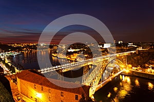 Bridge of Luis I at night over Douro river