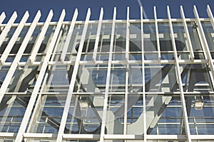 Bridge is made of steel beams. Details of architecture of pedestrian bridge