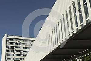 Bridge is made of steel beams. Details of architecture of pedestrian bridge