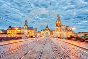 Bridge and medieval night skyline of Dresden, Germany