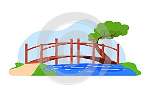 Bridge in mountains, modern pedestrian suspension bridge over abyss, cartoon style vector illustration, isolated on