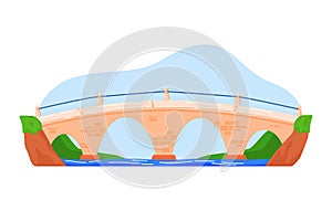 Bridge in mountains, modern pedestrian suspension bridge over abyss, cartoon style vector illustration, isolated on