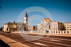 Bridge near Union square Piata Unirii seen at sunny day in Oradea, Rom. Blue summer .sky