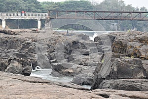 Bridge near Waterfall River Water & Rock Bed Side