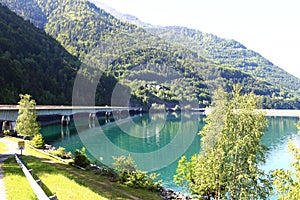 Bridge over artificial Lac du Verney, Rhone-Alpes, France